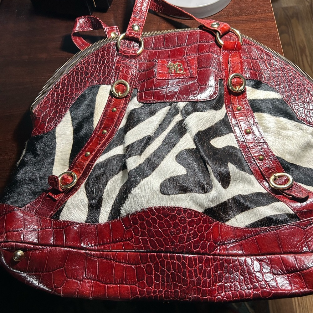 Red Leather and Black Zebra Print Marco Buggiani Women's Bag. Made in Italy